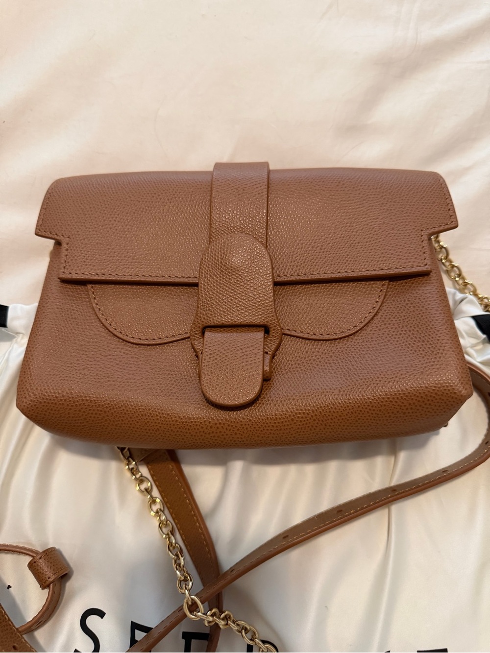 Senreve Aria Belt Bag Brown Pebbled Leather Crossbody Bag with Gold Chain